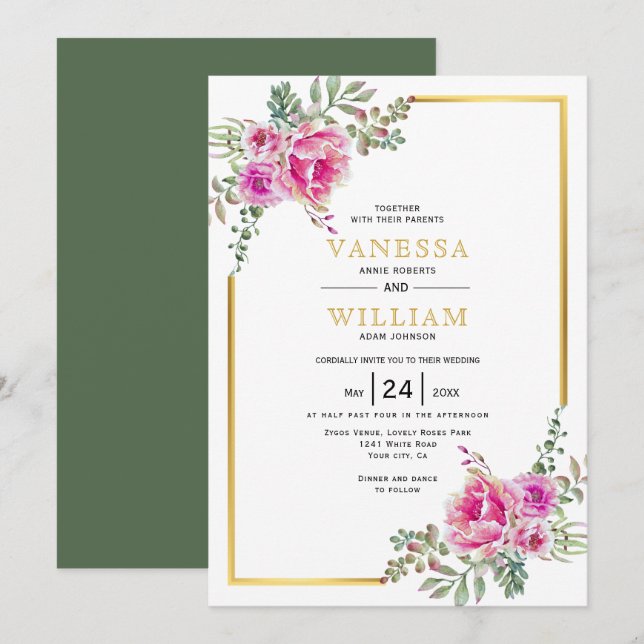 Rosa Aquarell-Blume, Goldrahmen Blumenhochzeit Einladung (Vorne/Hinten)