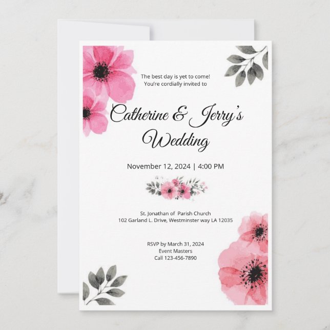 Rosa Aquarell Blume Hochzeitskarte Einladung (Vorderseite)