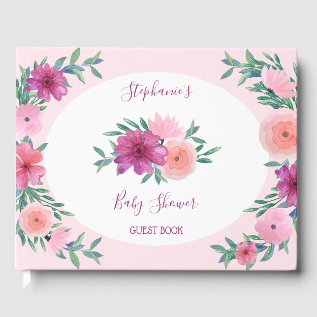 Rosa Aquarell Blume Kinderdusche Personalisiert Gästebuch (Vorderseite)