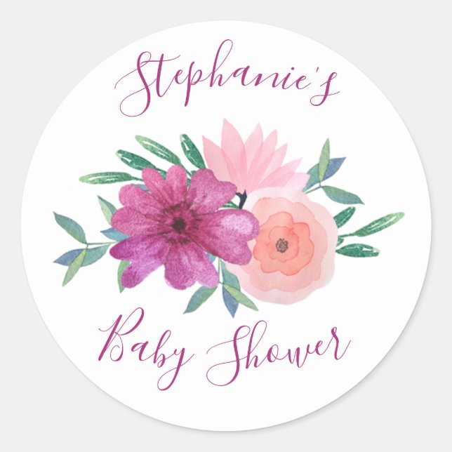 Rosa Aquarell Blume Kinderdusche Personalisiert Runder Aufkleber (Vorderseite)