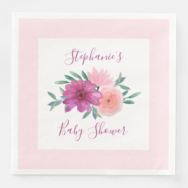 Rosa Aquarell Blume Kinderdusche Personalisiert Serviette (Vorderseite)