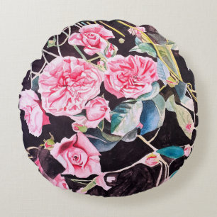 Rosa Aquarell Blumen Florale Malerei Rundes Kissen