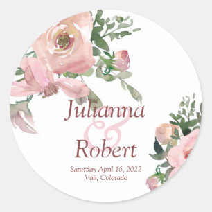 Rosa Aquarell-Blumen Hochzeit klassisch rund Stic Runder Aufkleber
