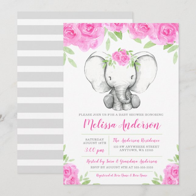 Rosa Aquarell-Blumenelefant-Babyparty Einladung (Vorne/Hinten)