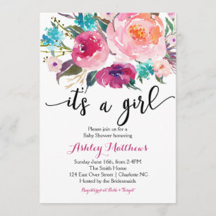 Rosa Aquarell boho BlumenBabyparty-Einladung Einladung