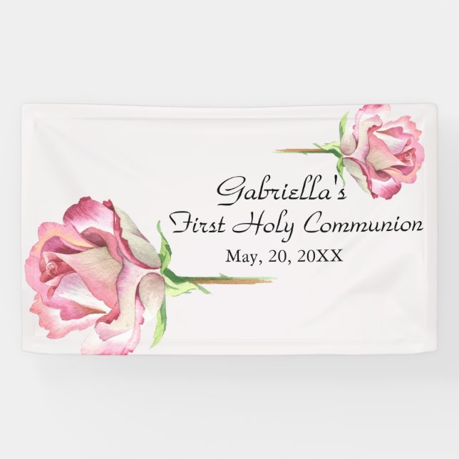 Rosa Aquarell-erste heilige Kommunions-Fahne Banner (Horizontal)