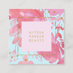 Rosa Aquarell Floral und Baby Blue mit Gold Quadratische Visitenkarte