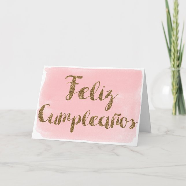 Rosa Aquarell Gold Glitzer Feliz Cumpleanos Karte (Vorderseite)