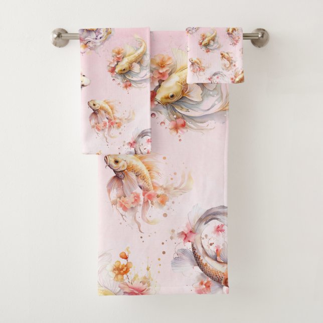 Rosa Aquarell Gold Koi Fisch Flora Badhandtuch Set (Insitu)