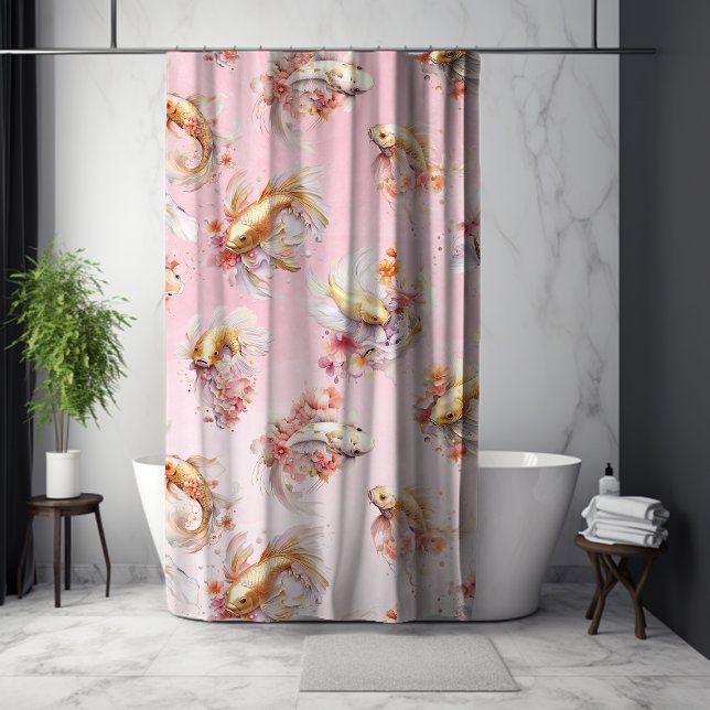 Rosa Aquarell Gold Koi Fisch Flora Duschvorhang (Pink Watercolor Gold Koi Fish Floral Shower Curtain)