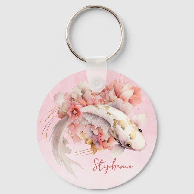Rosa Aquarell Gold Koi Fisch Personalisiert Schlüsselanhänger (Vorderseite)
