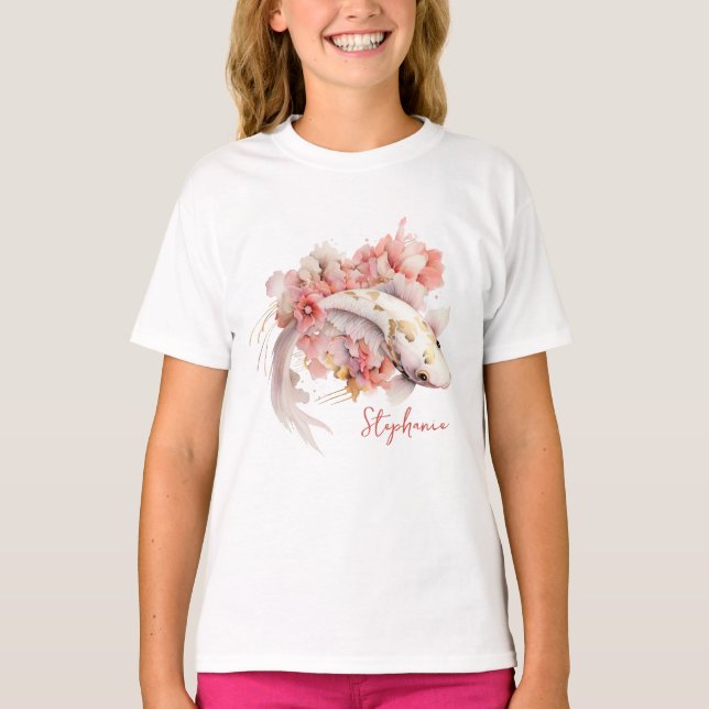Rosa Aquarell Gold Koi Fisch Personalisiert T-Shirt (Vorderseite)