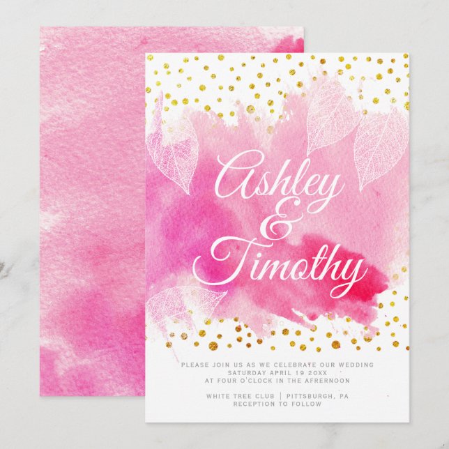 Rosa Aquarell, Goldkonfetti-Kalligraphie-Hochzeit Einladung (Vorne/Hinten)