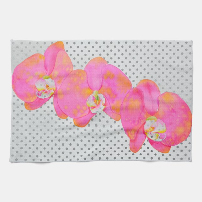 Rosa Aquarell Orchideenmalerei, Polka-Punkte Handtuch (Horizontal)