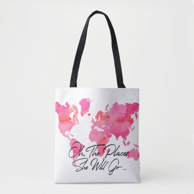 Rosa Aquarell-Plätze geht sie Zitat-Weltkarte Tasche (Vorderseite)