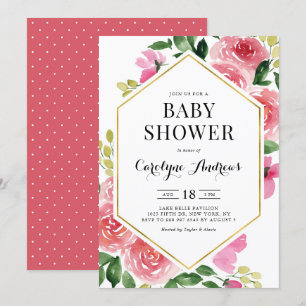 Rosa Aquarell Rose Blumenrahmen Babydusche Einladung