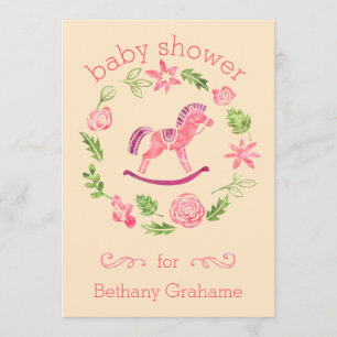 Rosa Aquarell-Schaukelpferd-Babyparty Einladung