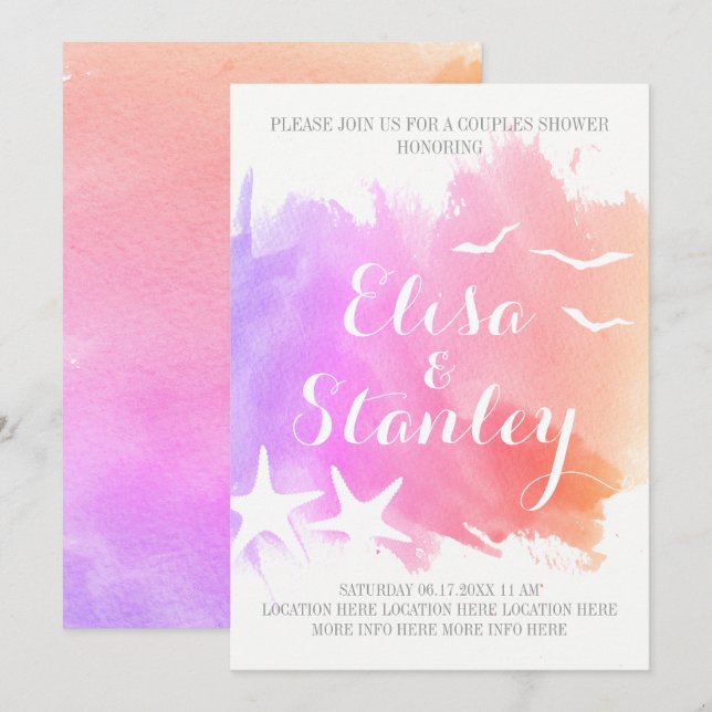 Rosa Aquarell, sternenförmige Hochzeitspaare dusch Einladung (Vorne/Hinten)