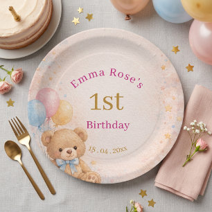 Rosa Aquarell-Teddybär-Mädchen 1. Geburtstag Pappteller