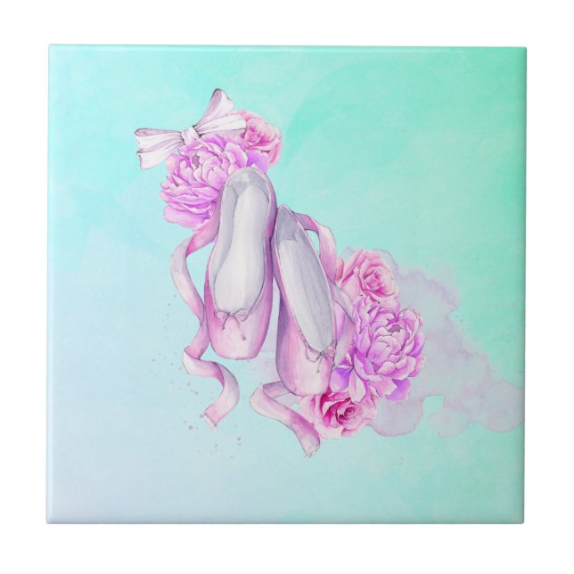 Rosa Aquarellballerschuhe mit Peonies und Bow Fliese (Vorderseite)