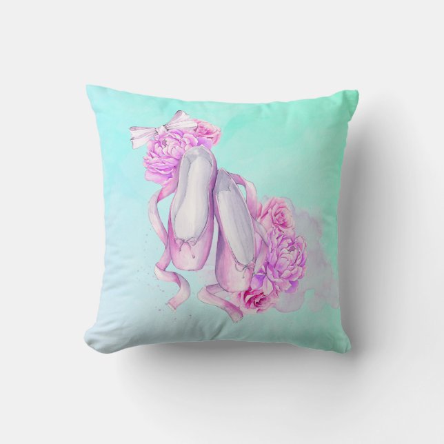 Rosa Aquarellballerschuhe mit Peonies und Bow Kissen (Vorderseite)