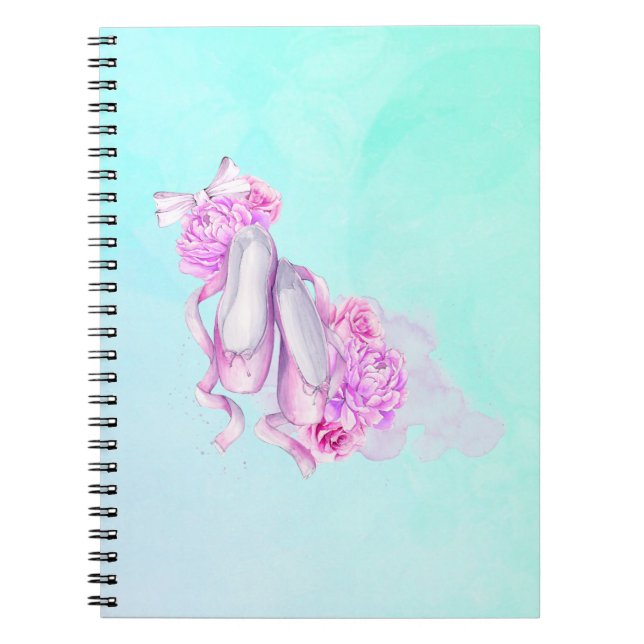 Rosa Aquarellballerschuhe mit Peonies und Bow Notizblock (Vorderseite)