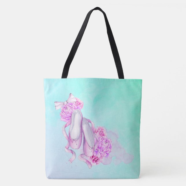 Rosa Aquarellballerschuhe mit Peonies und Bow Tasche (Vorderseite)