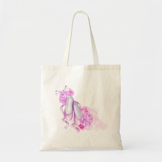 Rosa Aquarellballerschuhe mit Peonies und Bow Tragetasche (Vorne)