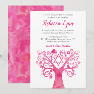 Rosa Aquarellbaum Bat Mitzvah Einladung