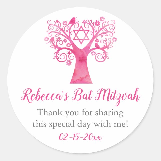 Rosa Aquarellbaum Bat Mitzvah Runder Aufkleber (Vorderseite)