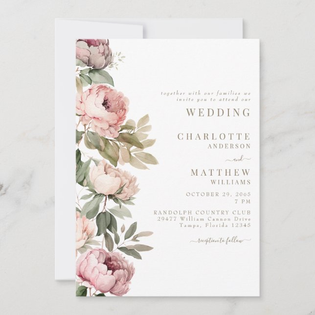 Rosa Aquarellbäume Eleganter HochzeitGold Text Einladung (Vorderseite)