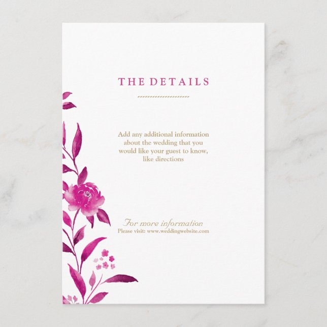 Rosa Aquarellblume Chinoiserie Details Hochzeiten Begleitkarte (Vorderseite)