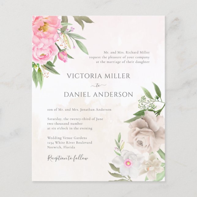 Rosa Aquarellblume Elegante Hochzeit Einladung (Vorderseite)
