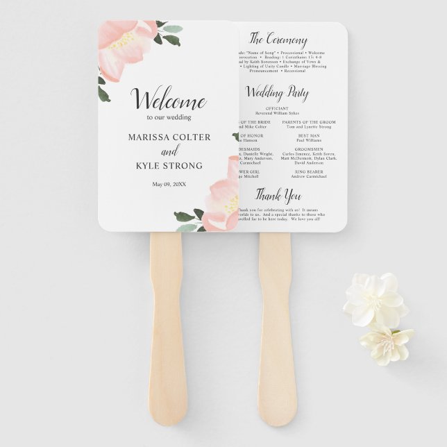 Rosa Aquarellblume Elegantes Hochzeitsprogramm Fächer (Vorne und Hinten)