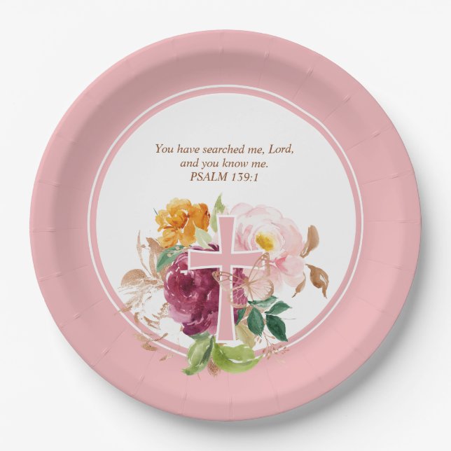 Rosa Aquarellblume und Bibelkreuz Verse Pappteller (Vorderseite)