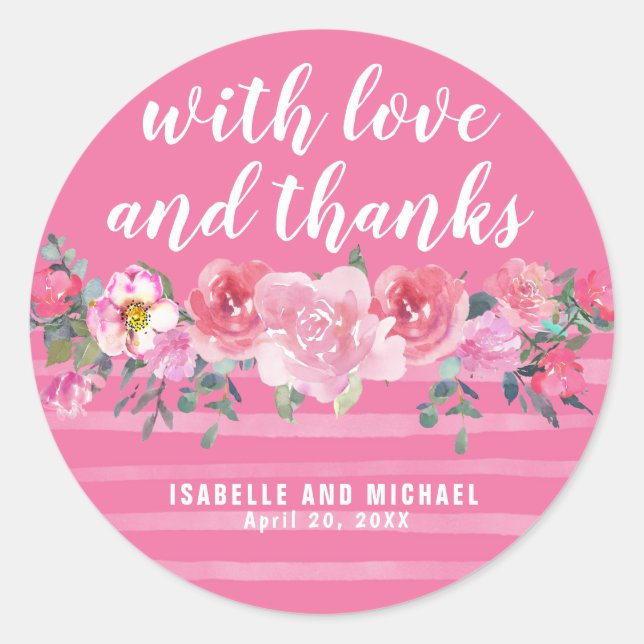 Rosa Aquarellblume und Streifen Hochzeit Runder Aufkleber (Vorderseite)