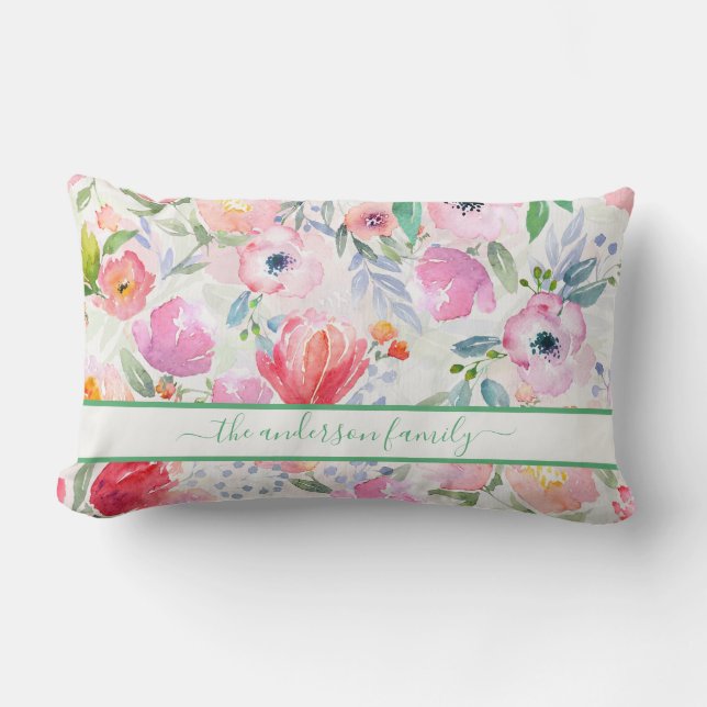 Rosa Aquarellblumen - Familienname Lendenkissen (Vorderseite)