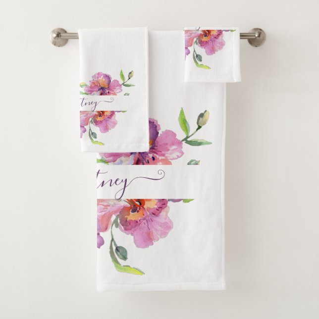Rosa Aquarellblumen personalisiert Badhandtuch Set (Insitu)
