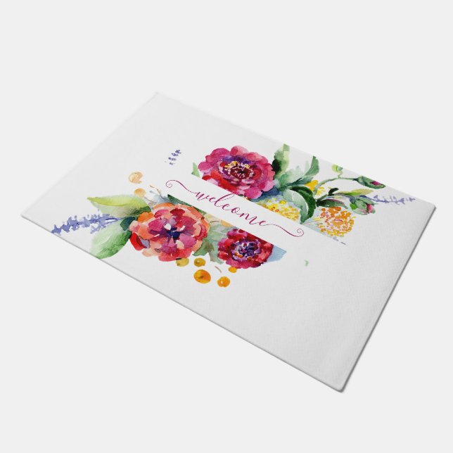 Rosa Aquarellblumen personalisiert Fußmatte (Schrägansicht)