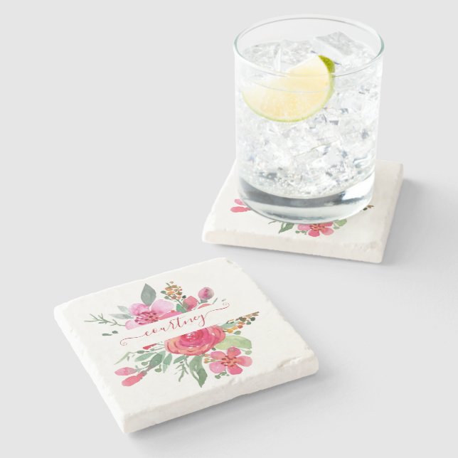 Rosa Aquarellblumen personalisiert Steinuntersetzer (Seitenansicht)