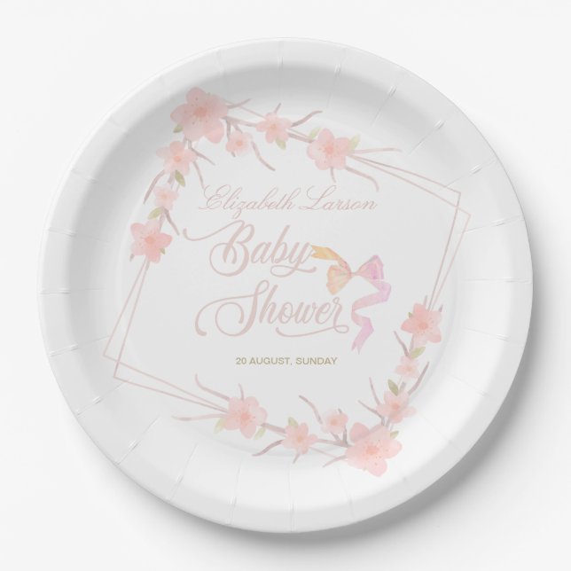 Rosa Aquarellblüte Elegante Babydusche Pappteller (Vorderseite)