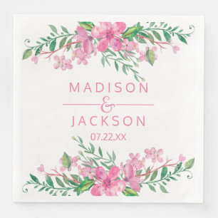 Rosa Aquarellblüten Liebe Hochzeitsmonographie Serviette