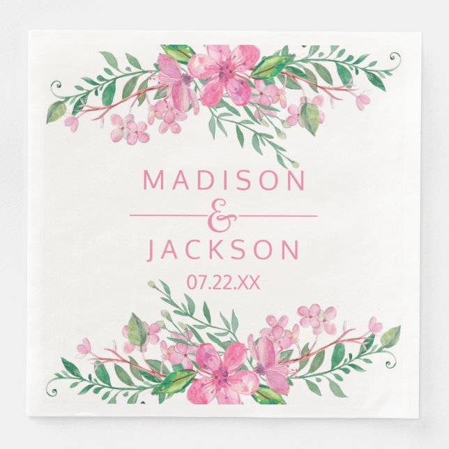Rosa Aquarellblüten Liebe Hochzeitsmonographie Serviette (Vorderseite)