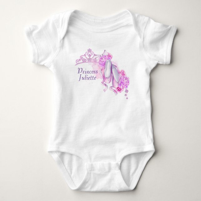 Rosa Aquarelldruckerkrone und Ballet Slippers Baby Strampler (Vorderseite)