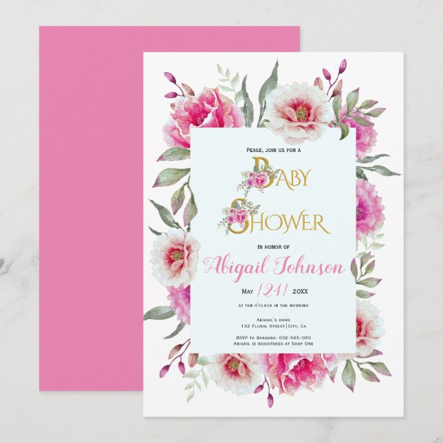 Rosa Aquarelldusche für Blume Einladung (Vorne/Hinten)