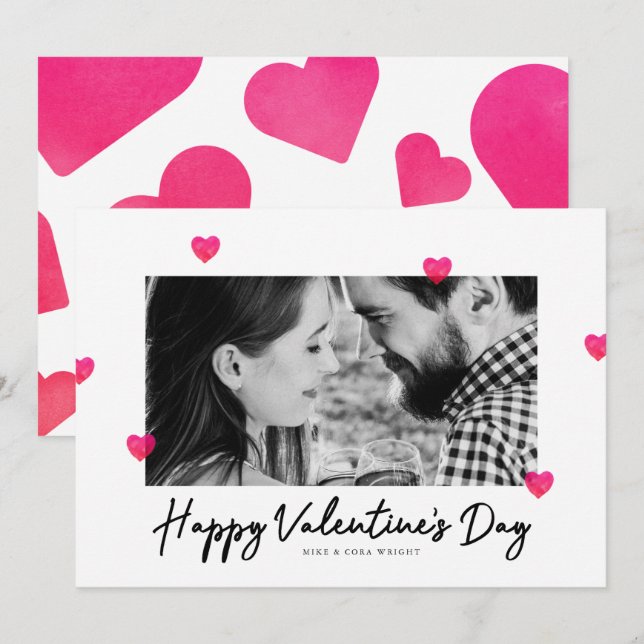 Rosa Aquarellenkarte Herzchen Valentinstag Fotokar (Vorne/Hinten)