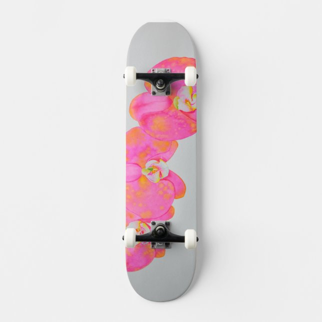 Rosa Aquarellfarbe Orchideenmalerei Skateboard (Vorderseite)
