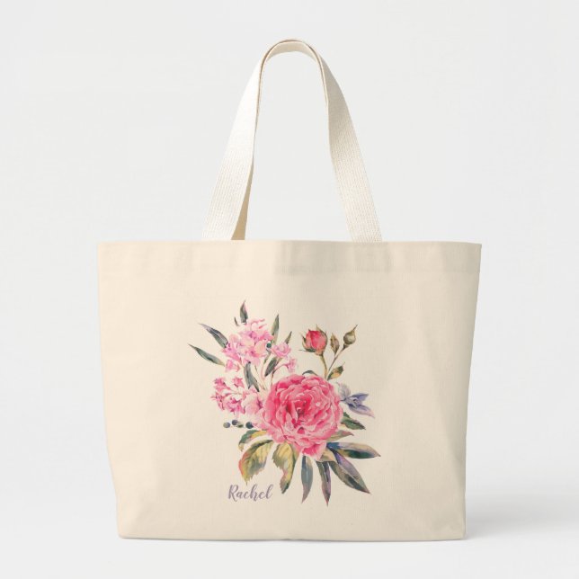 Rosa Aquarellfarbe Rose Personalisierter Name | Fl Jumbo Stoffbeutel (Vorne)