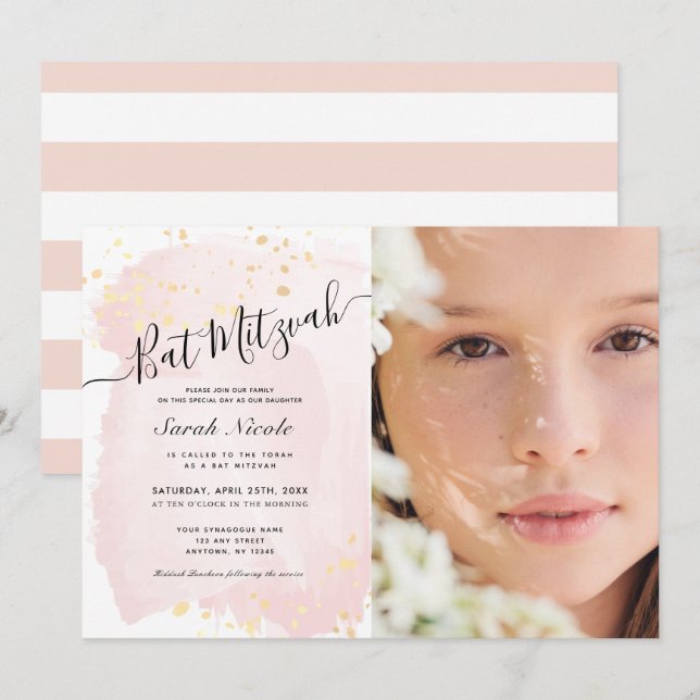 Rosa Aquarellfarbe x Gold Foto Bat Mitzvah Einladung (Vorne/Hinten)