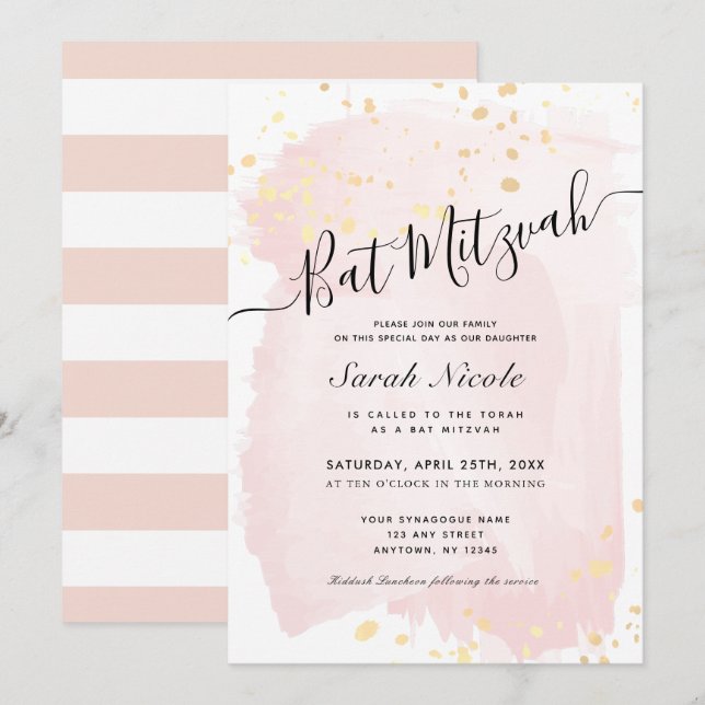 Rosa Aquarellfarbe x Gold Spritzer Bat Mitzvah Einladung (Vorne/Hinten)